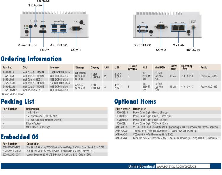 研華EI-52 研華EI-52，邊緣計算系統(tǒng)，支持 Intel 11th gen CPU，可選 Core i5 /i3 /Celeron 處理器，具備豐富擴(kuò)展接口 2 x LAN，2 x COM，6 x USB等，內(nèi)部可以通過 miniPCIe 或 M.2 擴(kuò)展AI加速卡實現(xiàn)工業(yè)AI機(jī)器視覺，搭載5G通訊模塊。