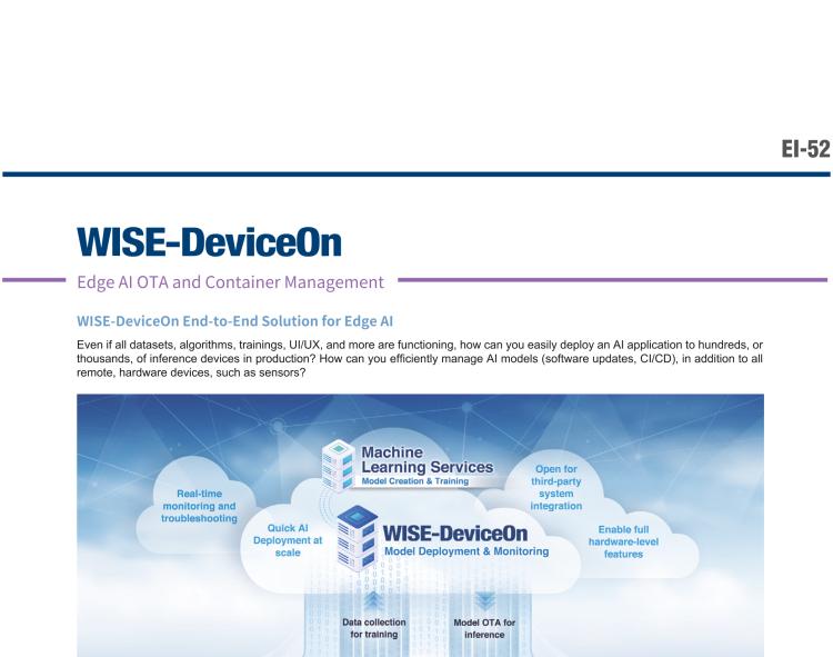 研華EI-52 研華EI-52，邊緣計算系統(tǒng)，支持 Intel 11th gen CPU，可選 Core i5 /i3 /Celeron 處理器，具備豐富擴(kuò)展接口 2 x LAN，2 x COM，6 x USB等，內(nèi)部可以通過 miniPCIe 或 M.2 擴(kuò)展AI加速卡實現(xiàn)工業(yè)AI機(jī)器視覺，搭載5G通訊模塊。