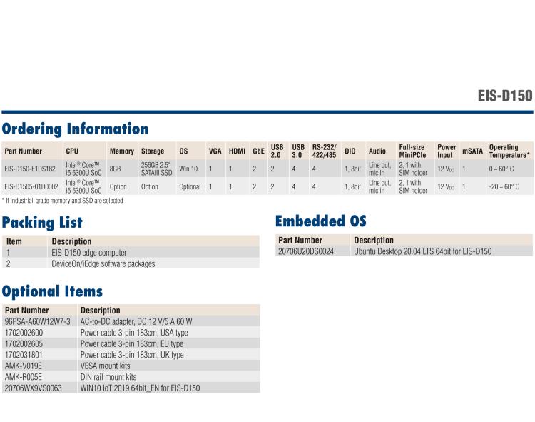 研華EIS-D150 研華EIS-D150，邊緣計(jì)算系統(tǒng)，支持Intel 第六代處理器，可選i3/i5/i7 CPU，最高支持 16 GB內(nèi)存，具備豐富擴(kuò)展接口 2 x LAN，4 x COM，6 x USB等，同時(shí)還可以擴(kuò)展 iDoor 和 ARK-Plus 模組增加更多的擴(kuò)展能力，可以根據(jù)現(xiàn)場(chǎng)應(yīng)用需求，靈活定制。