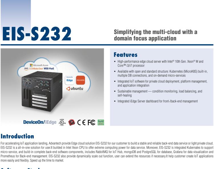 研華EIS-S232 研華 EIS-S232，邊緣計算系統服務器，支持Intel 第十代處理器，可選i3/i5/i7 Xeon CPU，DDR4 最高32GB，最多可支持4 x 2.5寸硬盤，具備豐富擴展接口 2 x LAN，6 x COM，8 x USB，1 x PCIE，2 x PCI。產品生命周期長，穩定可靠。