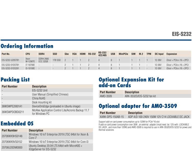 研華EIS-S232 研華 EIS-S232，邊緣計算系統服務器，支持Intel 第十代處理器，可選i3/i5/i7 Xeon CPU，DDR4 最高32GB，最多可支持4 x 2.5寸硬盤，具備豐富擴展接口 2 x LAN，6 x COM，8 x USB，1 x PCIE，2 x PCI。產品生命周期長，穩定可靠。
