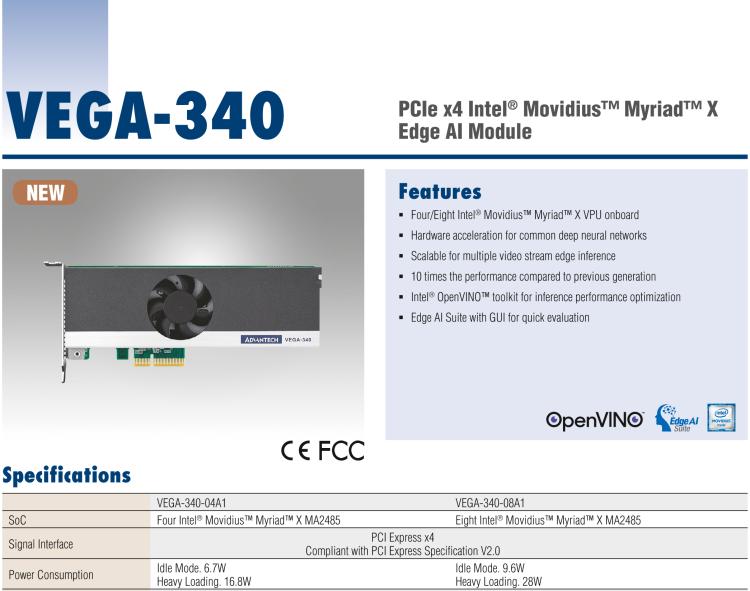 研華VEGA-340 基于Intel Movidius? Myriad? X VPU，PCIe x4 Edge AI 模塊，VPU*4 or VPU*8