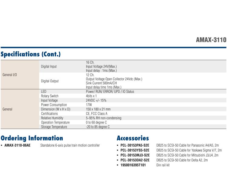 研華AMAX-3110 AMAX-3110是一個(gè)6軸脈沖序列獨(dú)立式運(yùn)動(dòng)控制器，一體化精巧的設(shè)計(jì)，節(jié)省空間