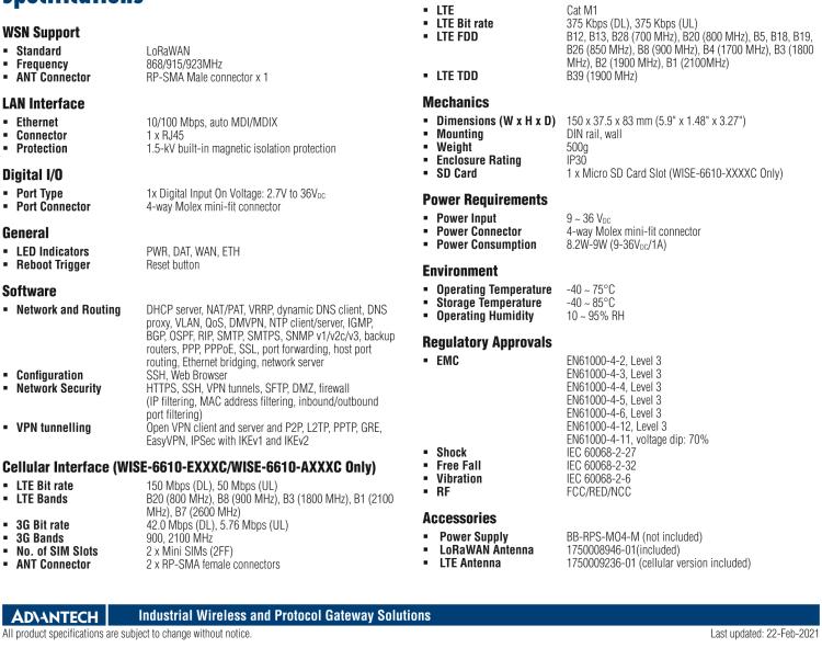 研華WISE-6610-N500 LoRaWAN網關支持多達500個節點，915MHz