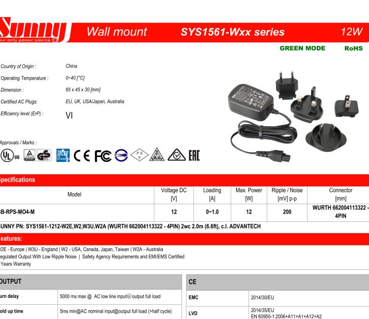 研華BB-RPS-MO4-US Wall Power supply, SmartStart, US plug