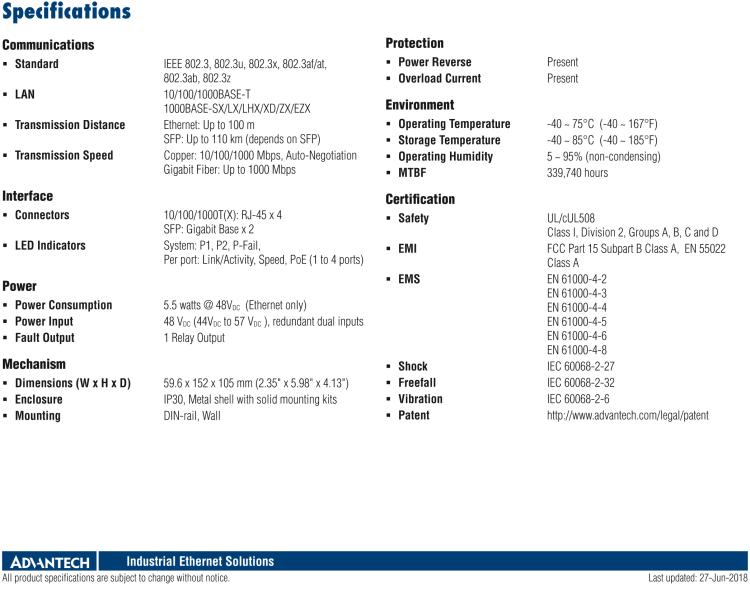 研華EKI-2726FHPI 4G+2 SFP W/ 4 IEEE 802.3 大功率寬溫 PoE 工業以太網交換機
