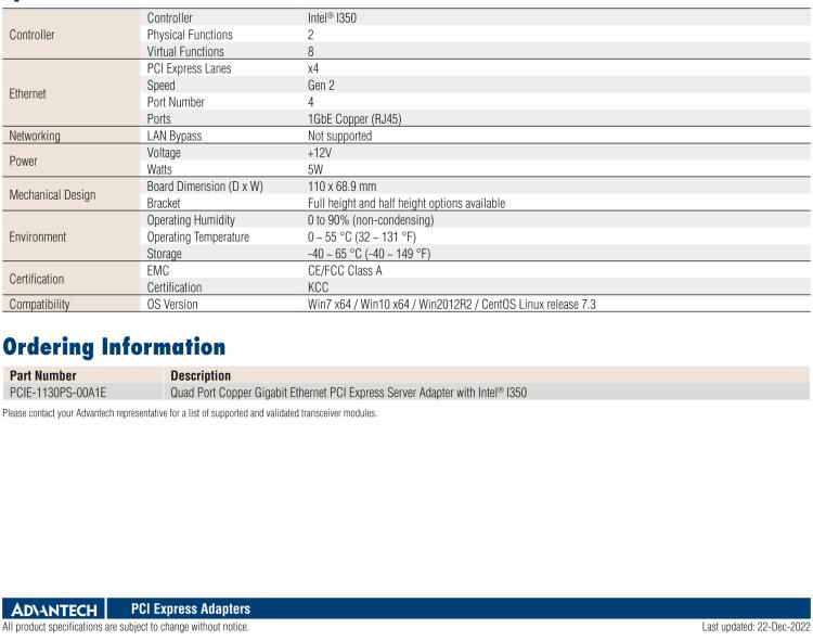 研華PCIE-1130 Quad Port Copper Gigabit Ethernet PCI Express Server Adapter with Intel? I350 (Advantech Form Factor)