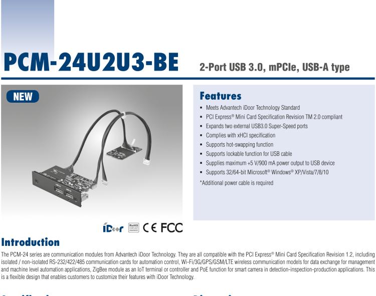 研華PCM-24U2U3 2端口USB 3.0，mPCIe，USB-A型