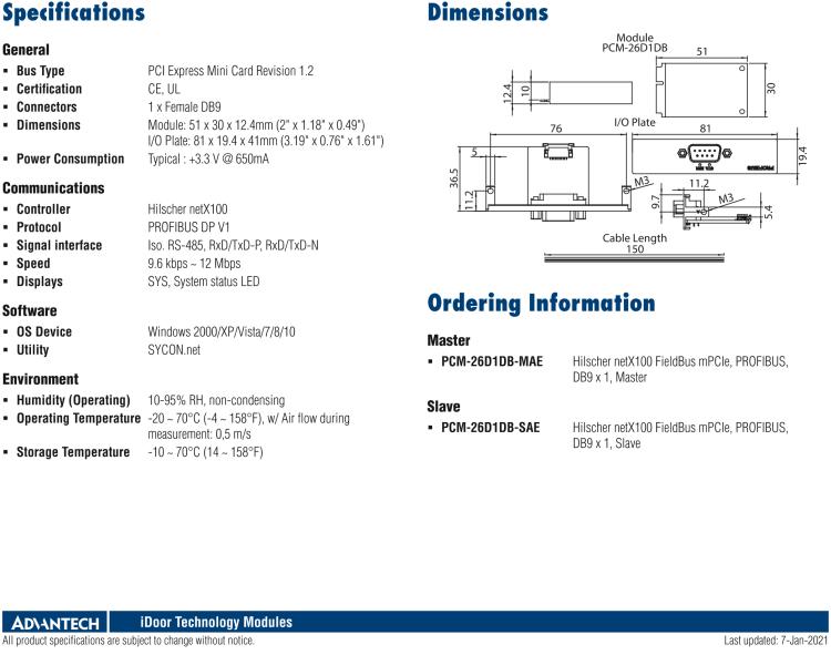研華PCM-26D1DB 1端口 Hilscher netX100 現(xiàn)場(chǎng)總線 mPCIe，PROFIBUS，DB9