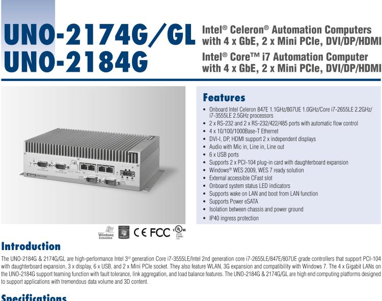 研華UNO-2174G 英特爾??賽揚??嵌入式工控機，帶4個千兆以太網接口，2個小型PCIe、DVI/DP/HDMI高清接口