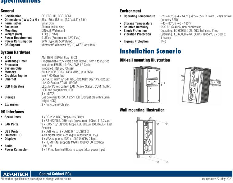 研華UNO-1372G 小型導(dǎo)軌安裝工業(yè)控制器，搭配英特爾?凌動(dòng)? 四核處理器及4GB DDR3L內(nèi)存，2×mPCIe，1×mSATA，2×COM，8×DI/O，3×USB，1×HDMI，1×VGA