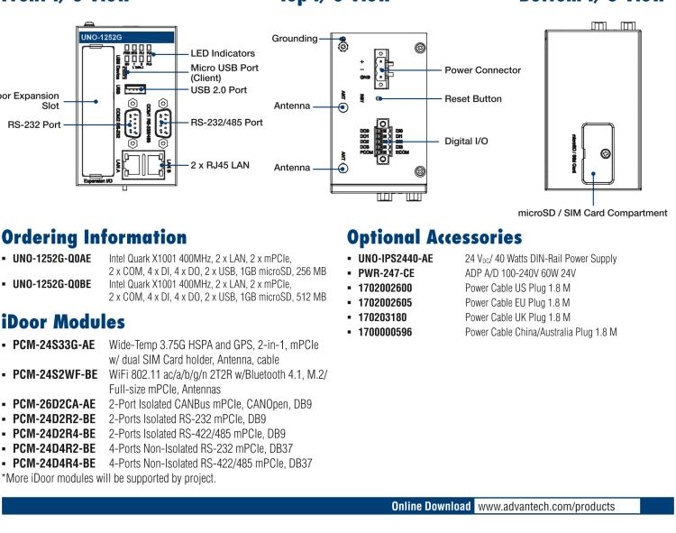 研華UNO-1252G 微型導(dǎo)軌安裝工業(yè)物聯(lián)網(wǎng)網(wǎng)關(guān)，搭配英特爾? Quark? 微控制器，2×LAN，2×mPCIe，2×COM，8×DI/O，2×USB，1×1GB microSD card，1×SIM