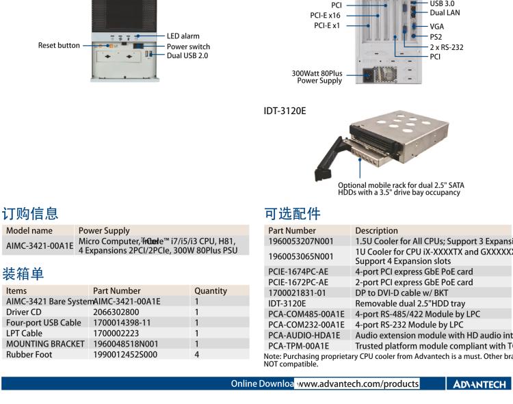 研華AIMC-3421 智能微型計算機，支持英特爾酷睿? i7/i5/i3 CPU,H81芯片組，4個擴展槽2PCI/2PCIe,300W 80Plus 電源