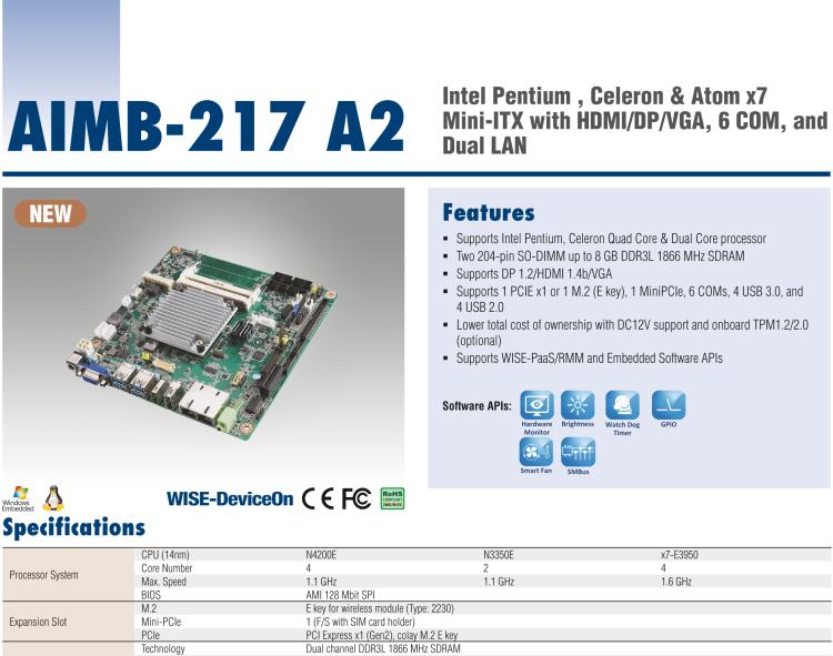 研華AIMB-217 板載Intel? 第6代 奔騰、賽揚、凌動系列處理器。擁有多COM和雙千兆網口，超薄緊湊，無風扇設計，支持寬溫。