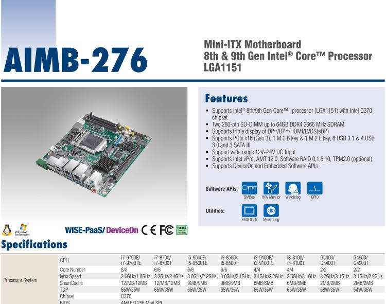 研華AIMB-276 適配Intel 第8/9代 Core?i7/i5/i3 處理器，搭載Q370芯片組。超高性能，是邊緣計(jì)算、AI視頻檢測等理想解決方案。
