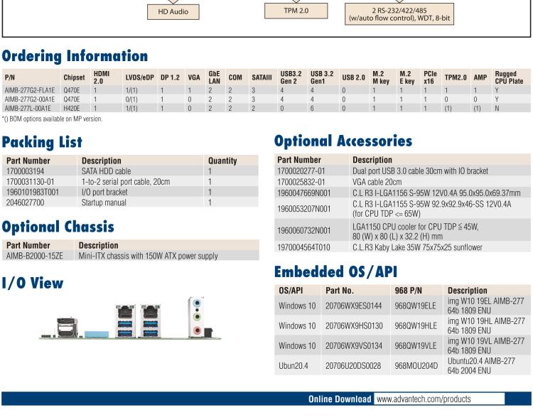 研華AIMB-277 適配Intel? 第10代 Core? i 系列處理器，搭載Q470E芯片組。性能強勁，適用于高端應用領域。