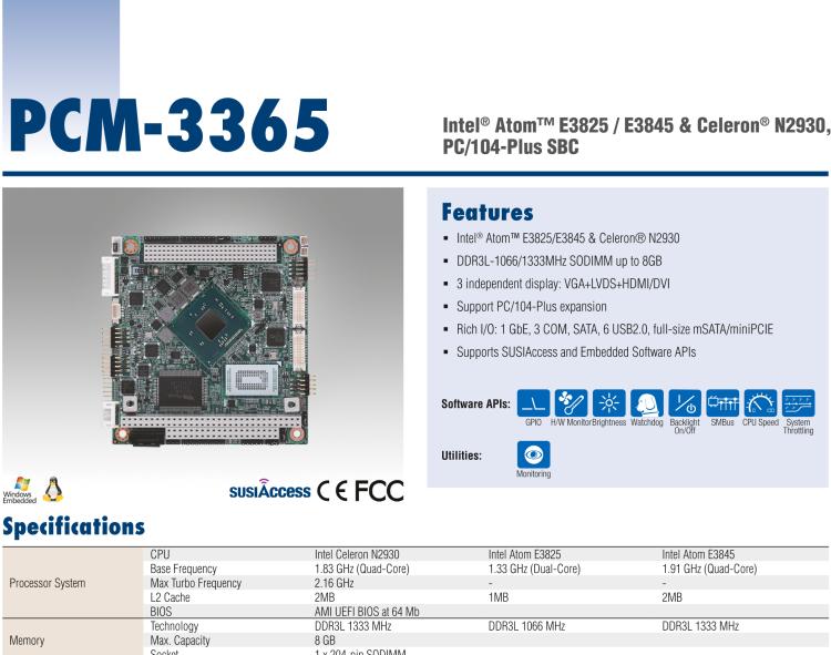研華PCM-3365 英特爾第四代凌動?Atom?E3825 / E3845＆賽揚?N2930，PC / 104-Plus嵌入式主板，ISA，VGA，HDMI / DVI，LVDS，6 USB，mSATA或板載SSD