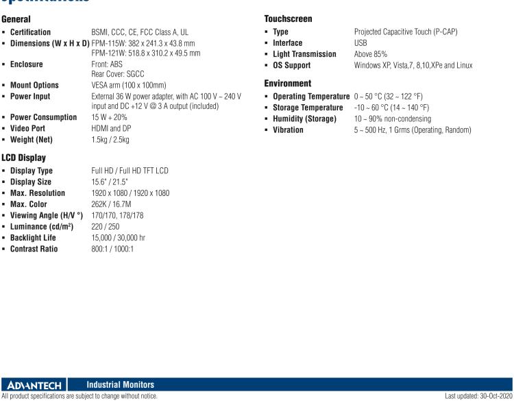 研華FPM-115W 15.6" Full HD工業顯示器P-CAP觸控