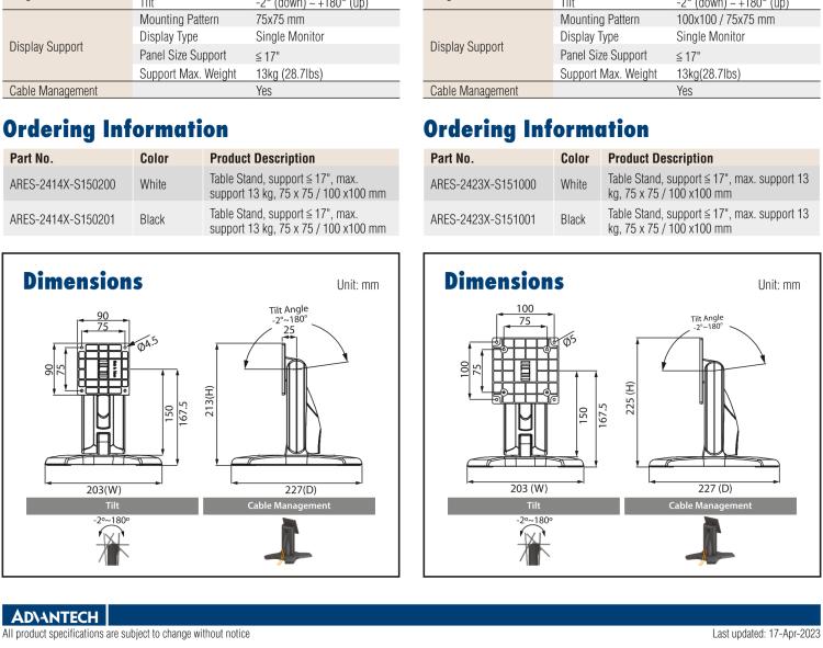 研華ARES-2414X ARES-2414X is a desk stand compatible with 75x75 mm VESA patterns. It can tilt -2° (down) ~ +180° (up) and screens up to 17".