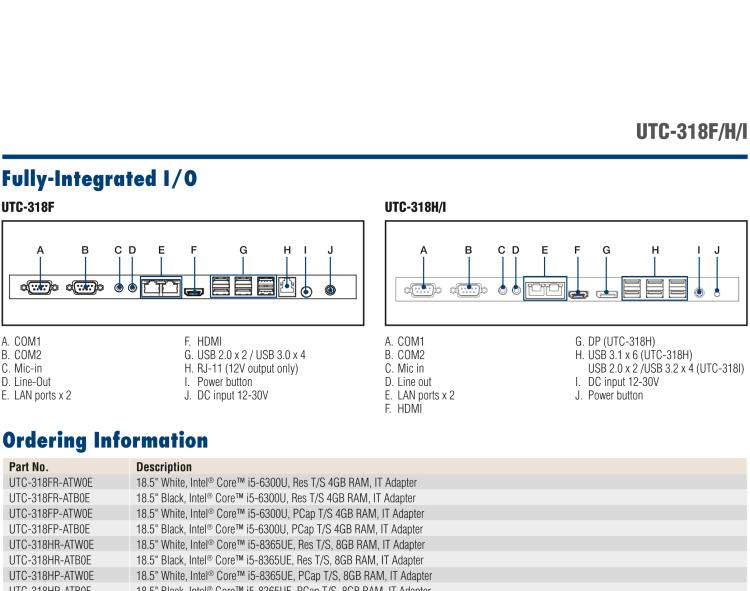 研華UTC-318H 18.5" 多功能觸控一體機，內置 Intel? Core? i5-8365UE / Core? i3-8145UE