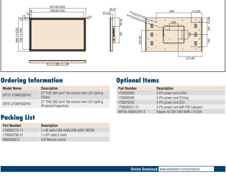 研華IDP31-270W 27" 玻璃面板觸控顯示器，帶環繞式LED燈帶，全高清分辨率，多輸入源VGA/DVI/DP
