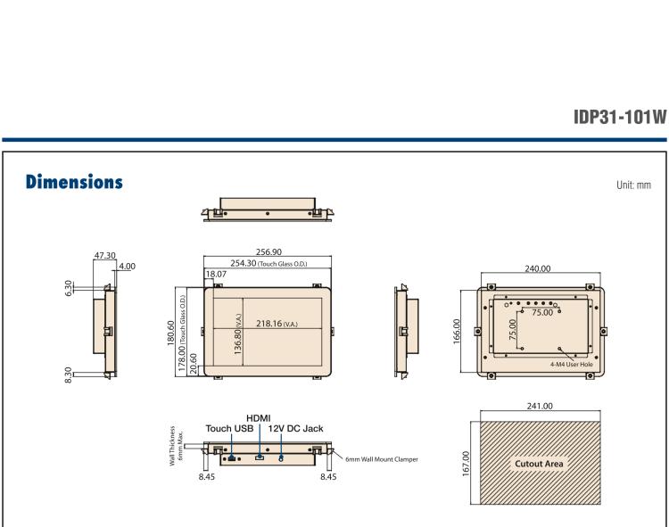 研華IDP31-101W 10.1'' 平面觸摸IP67顯示器：超薄的外形，輕盈光滑的圓角，堅固的玻璃面板，帶來完全現代的外觀。