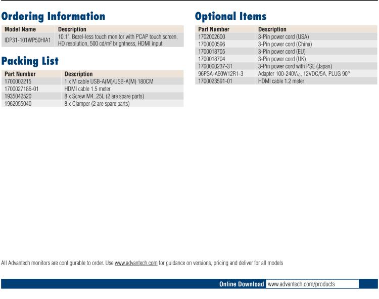 研華IDP31-101W 10.1'' 平面觸摸IP67顯示器：超薄的外形，輕盈光滑的圓角，堅固的玻璃面板，帶來完全現代的外觀。