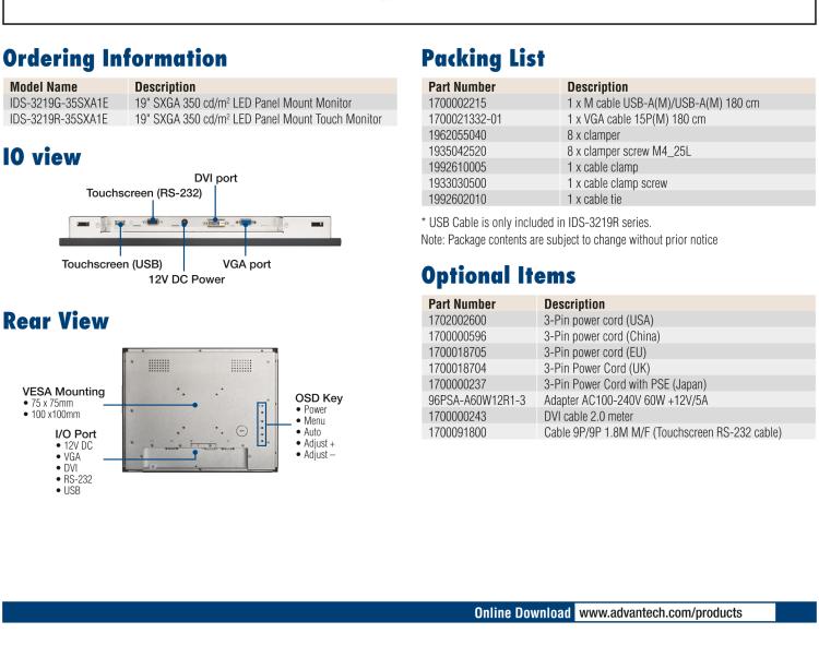 研華IDS-3219 19" SVGA工業級面板安裝顯示器