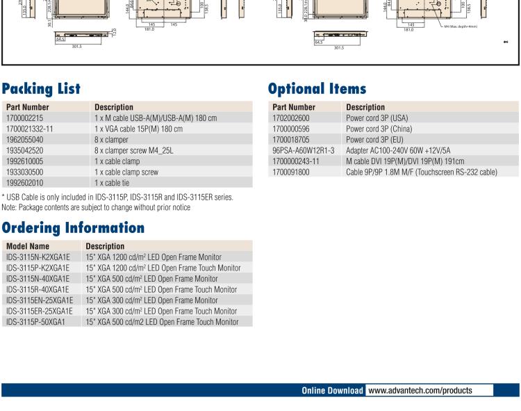 研華IDS-3115 15" 1024 x 768像素 TFT LCD觸摸屏 VGA、DVI雙信號接口 開放式顯示器