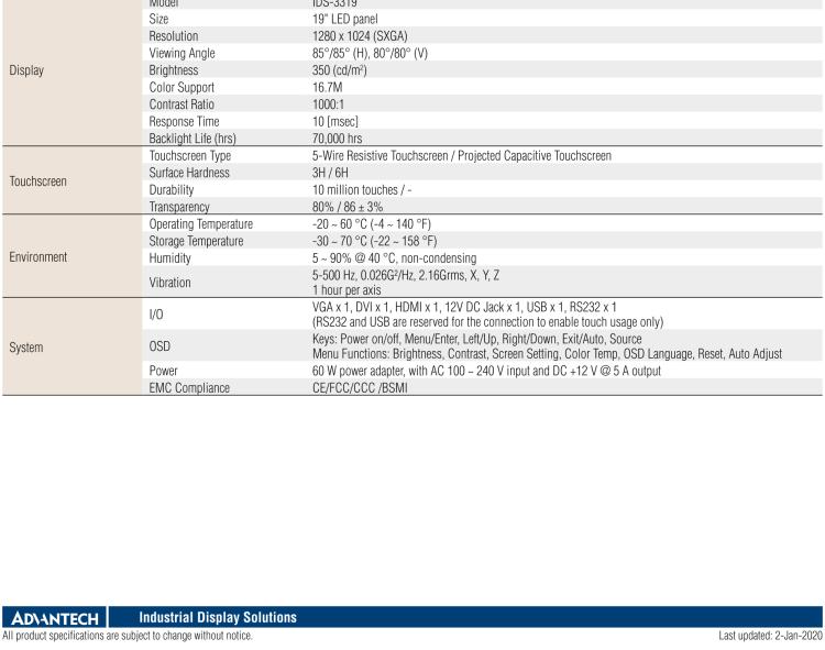 研華IDS-3319 19英寸，1280 x 1024，VGA/DVI/HDMI接口，前置IP65顯示器