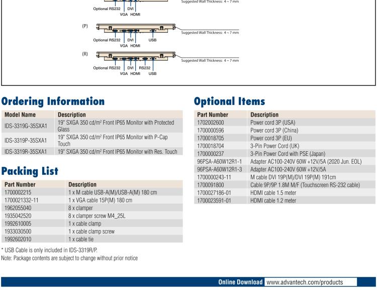 研華IDS-3319 19英寸，1280 x 1024，VGA/DVI/HDMI接口，前置IP65顯示器