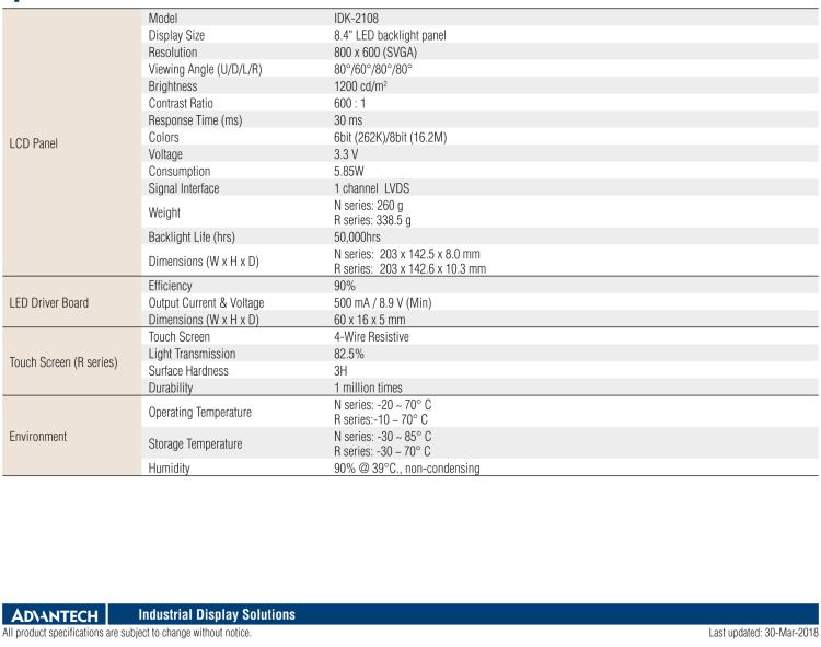 研華IDK-2108 8.4” SVGA 1200cd/m2 超高亮度工業顯示套件，帶 LED 背光燈、LVDS 接口