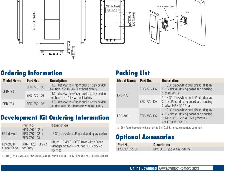 研華EPD-780 26" （13.3"x2 ）寸電子紙解決方案，USB接口，適合倉儲庫存，設備管理，辦公場所，智慧城市和零售等應用。