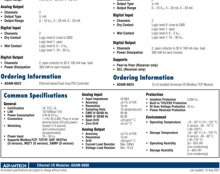 研華ADAM-6022 以太網為基礎的雙環PID控制器