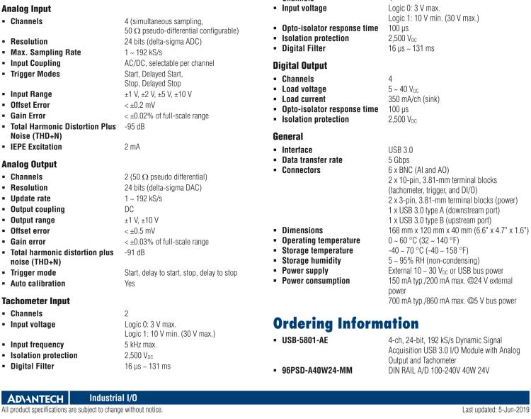研華USB-5801 4路，24位，192 kS / s的動(dòng)態(tài)信號(hào)采集USB 3.0 I / O模塊使用模擬輸出和轉(zhuǎn)速計(jì)