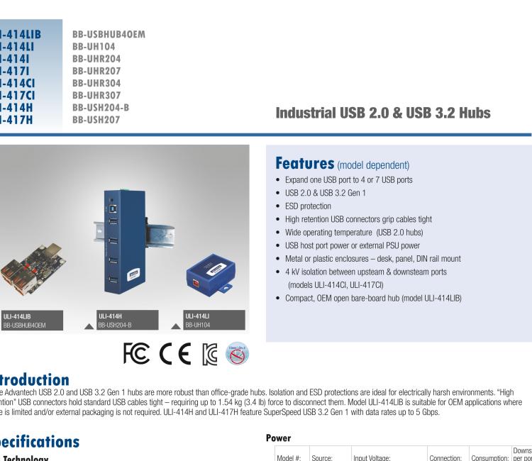 研華BB-USH204-B ULI-414H - Industrial USB 3.2 Gen 1 (5Gbps) Hub, 4 Port, Metal Case