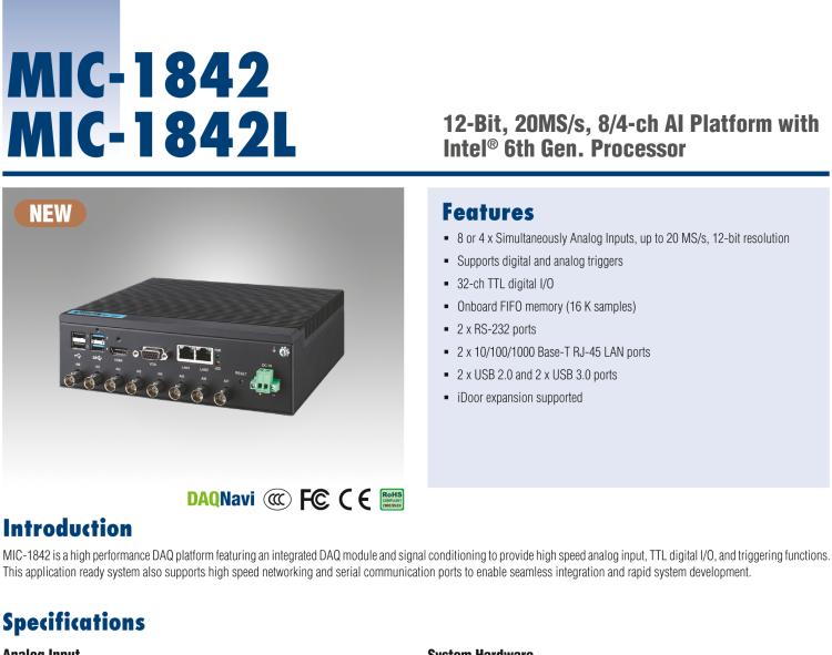 研華MIC-1842 12 位、20MS/s、8/4 通道 AI 平臺，采用英特爾?酷睿? i5/賽揚?處理器