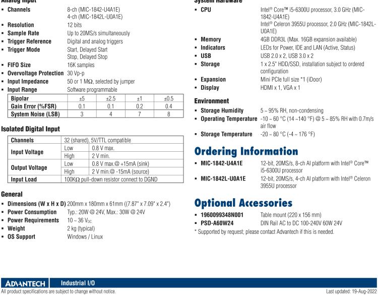 研華MIC-1842 12 位、20MS/s、8/4 通道 AI 平臺，采用英特爾?酷睿? i5/賽揚?處理器
