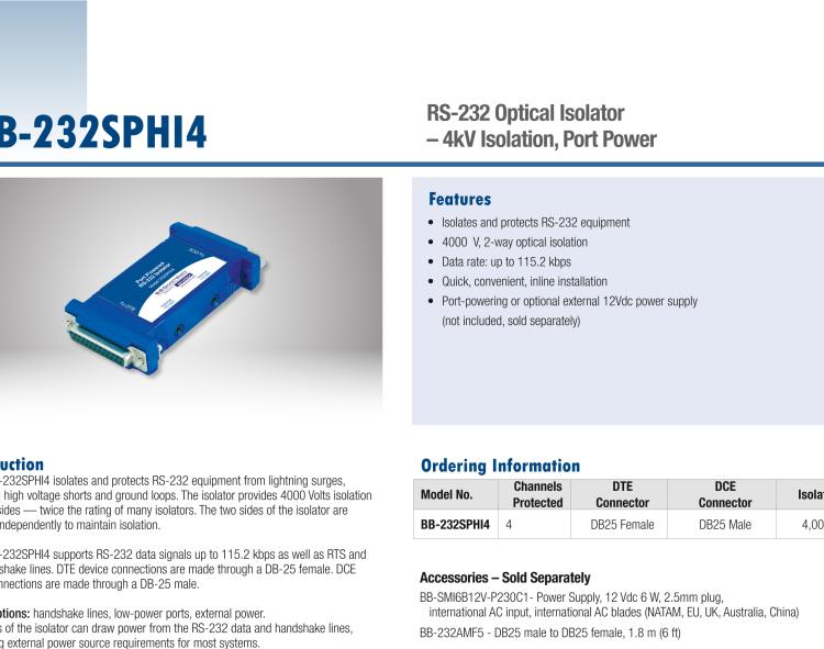 研華BB-232SPHI4 串口中繼器，RS-232 DB25，4 kV隔離，端口供電
