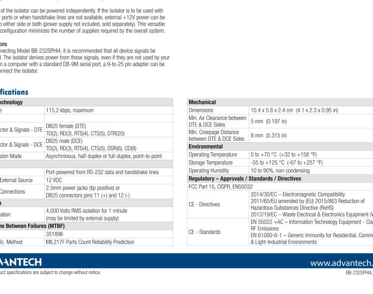 研華BB-232SPHI4 串口中繼器，RS-232 DB25，4 kV隔離，端口供電