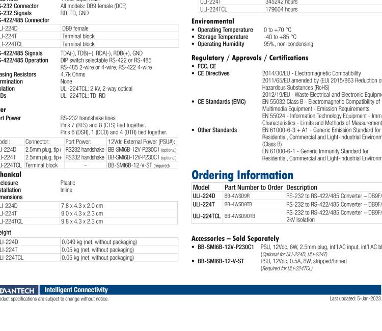 研華BB-4WSD9OTB ULI-224TCL RS-232（DB9母頭）至隔離式RS-422/485（接線端子）轉換器