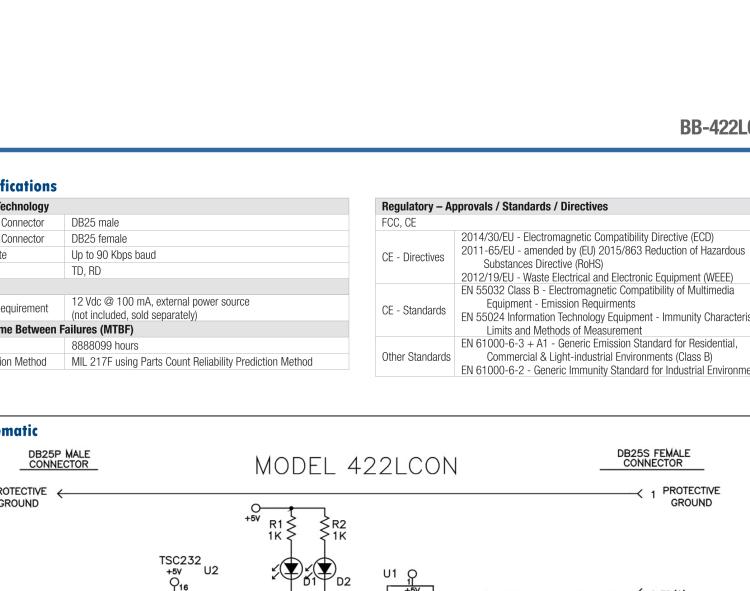 研華BB-422LCON 串口轉(zhuǎn)換器，RS-232 DB-25 M至RS-422 DB25 F