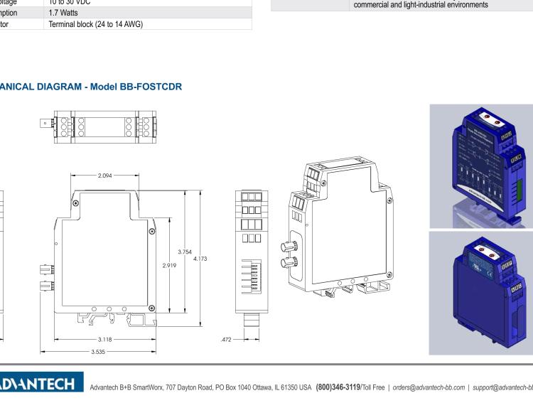 研華BB-FOSTCDR-INV 串口轉換器，RS-232/422/485 TB至MM光纖ST（反向），工業DIN