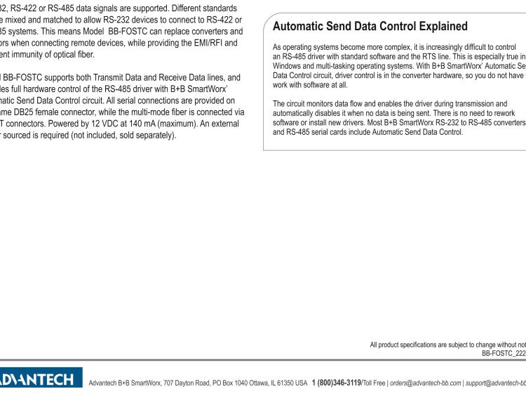 研華BB-FOSTC 串口轉換器，RS-232調制解調器DB25 F到MM光纖ST