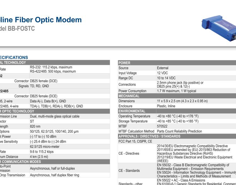研華BB-FOSTC 串口轉換器，RS-232調制解調器DB25 F到MM光纖ST